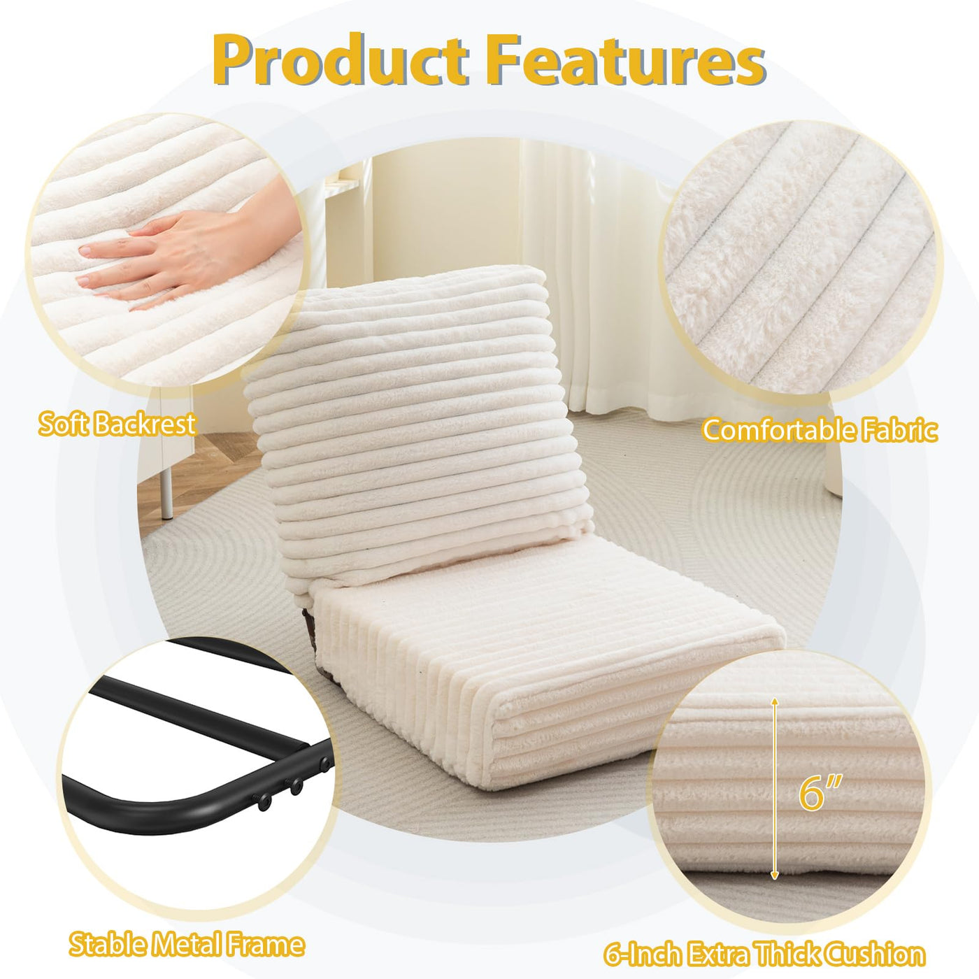 MAXYOYO Floor Chair with Adjustable Back Support, Folding Sofa Meditation Chair with Thick Cushion, Beige