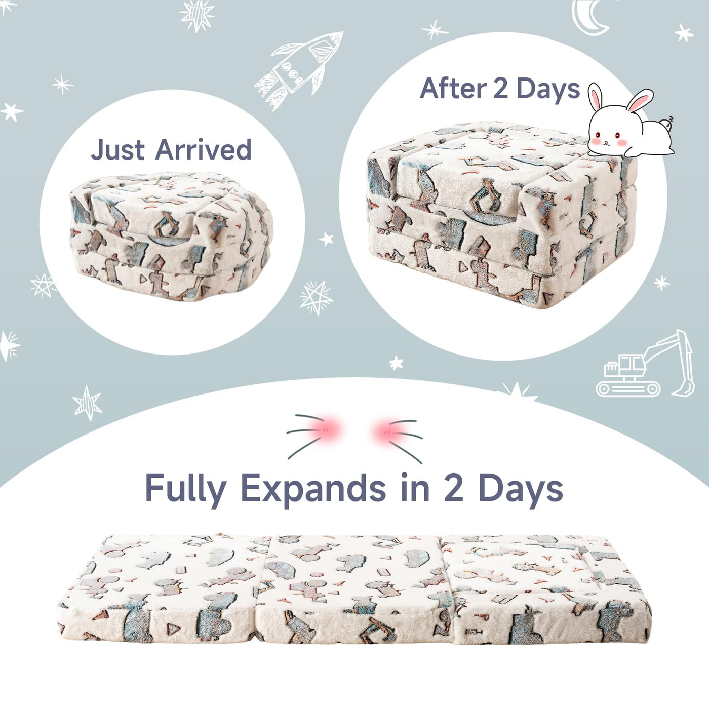 MAXYOYO Toddler Couch 2 in 1, Kids Folding Couch, Glow in The Dark Kids Sofa, Gifts for Kids, White Car Pattern