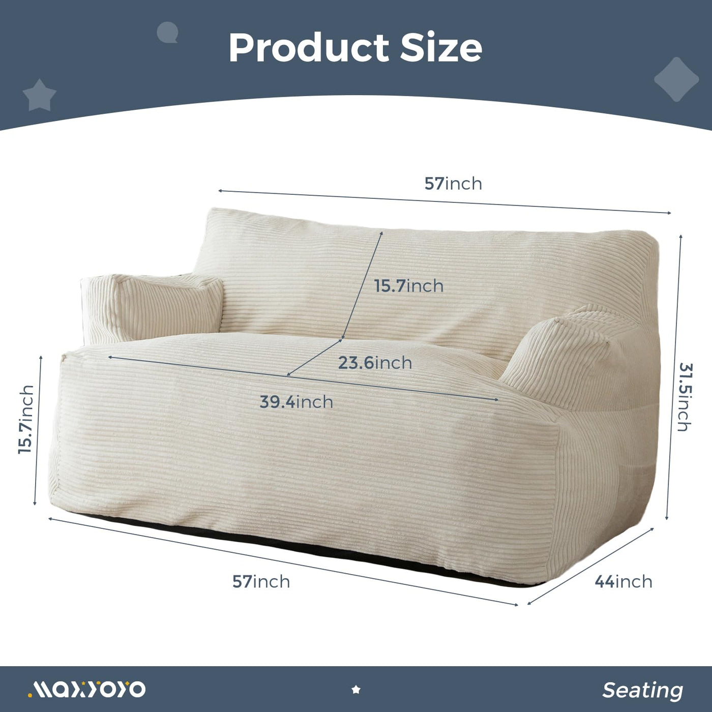 MAXYOYO Oversized Bean Bag Chair for Adults, 2-Seater Loveseat  Bean Bag Couch with Filler for Living Room, Beige