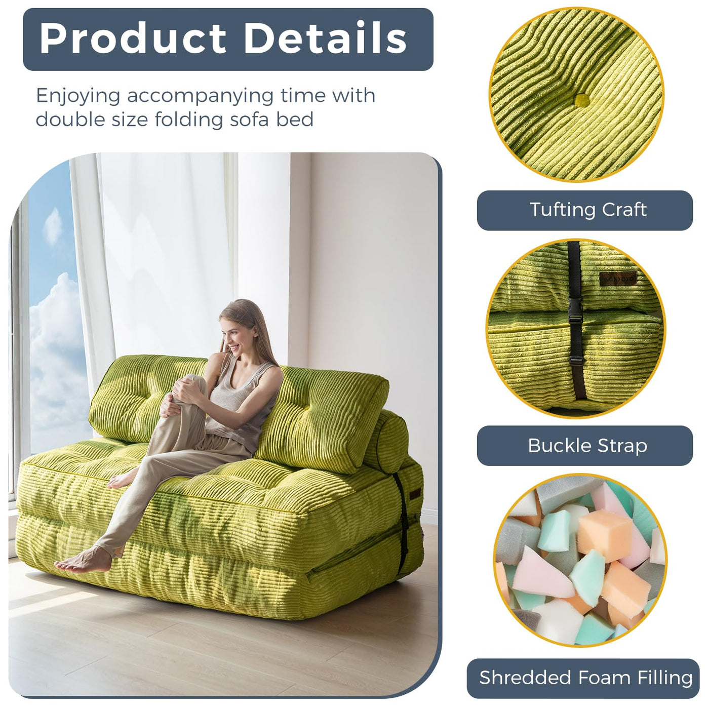MAXYOYO Folding Sofa Bed, Convertible Sleeper Chair with Pilow Foldable Matress with Back Support(Double),Green