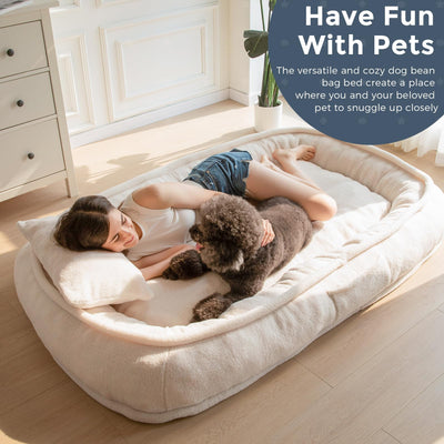 MAXYOYO Human Dog Bed with Pillow, Giant Bean Bag Bed for Adults, Beige, 72.8"x45.3"x12"