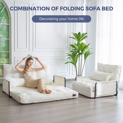 MAXYOYO Adjustable Floor Sofa Couch, Velvet Convertible Lazy Sofa Sleeper Bed with Pillows and Armrest, Double, Beige