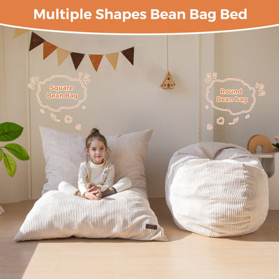 MAXYOYO 3-in-1 Kids Convertible Bean Bag Chair & Bed, Corduroy Round Child Floor Sofa for Gaming, Reading, Beige