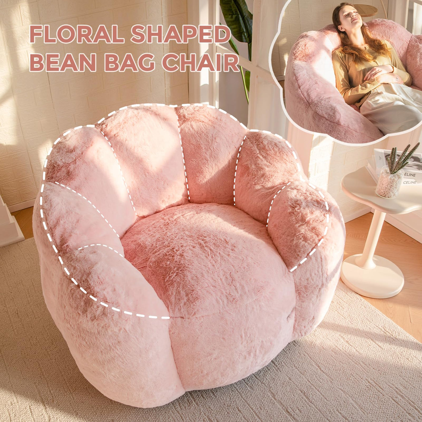 MAXYOYO Bean Bag Chair, Floral Shape Ultra Soft Faux Fur Petal Back Sofa for Adults, Single Size (Pink)