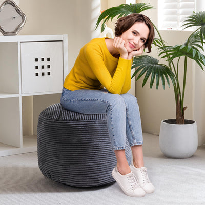 MAXYOYO Round Stuffed Pouf Ottoman, Corduroy Poufs with Foam Chunk Filling, 20 X 15In, Dark Grey