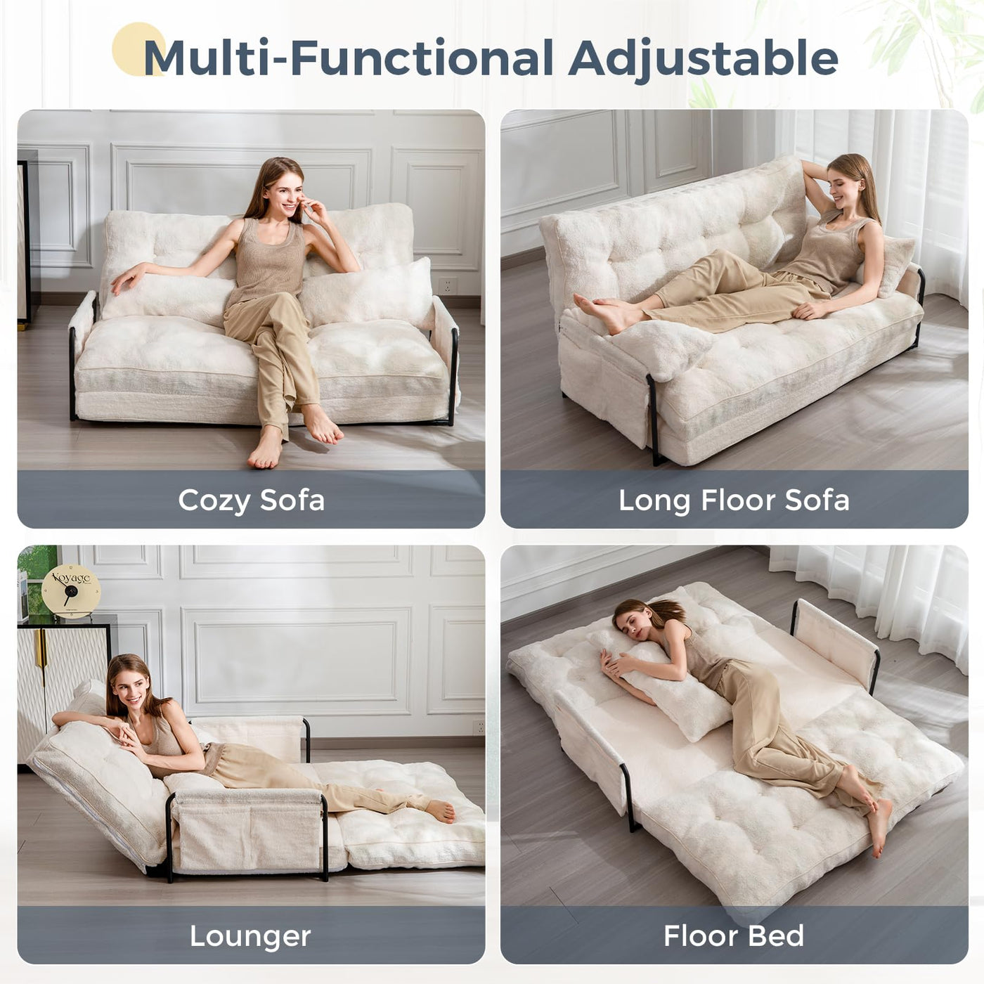 MAXYOYO Adjustable Floor Sofa Couch with 2 Pillows, Boucle Convertible Lazy Sofa Sleeper Bed with Armrest, Double, Beige
