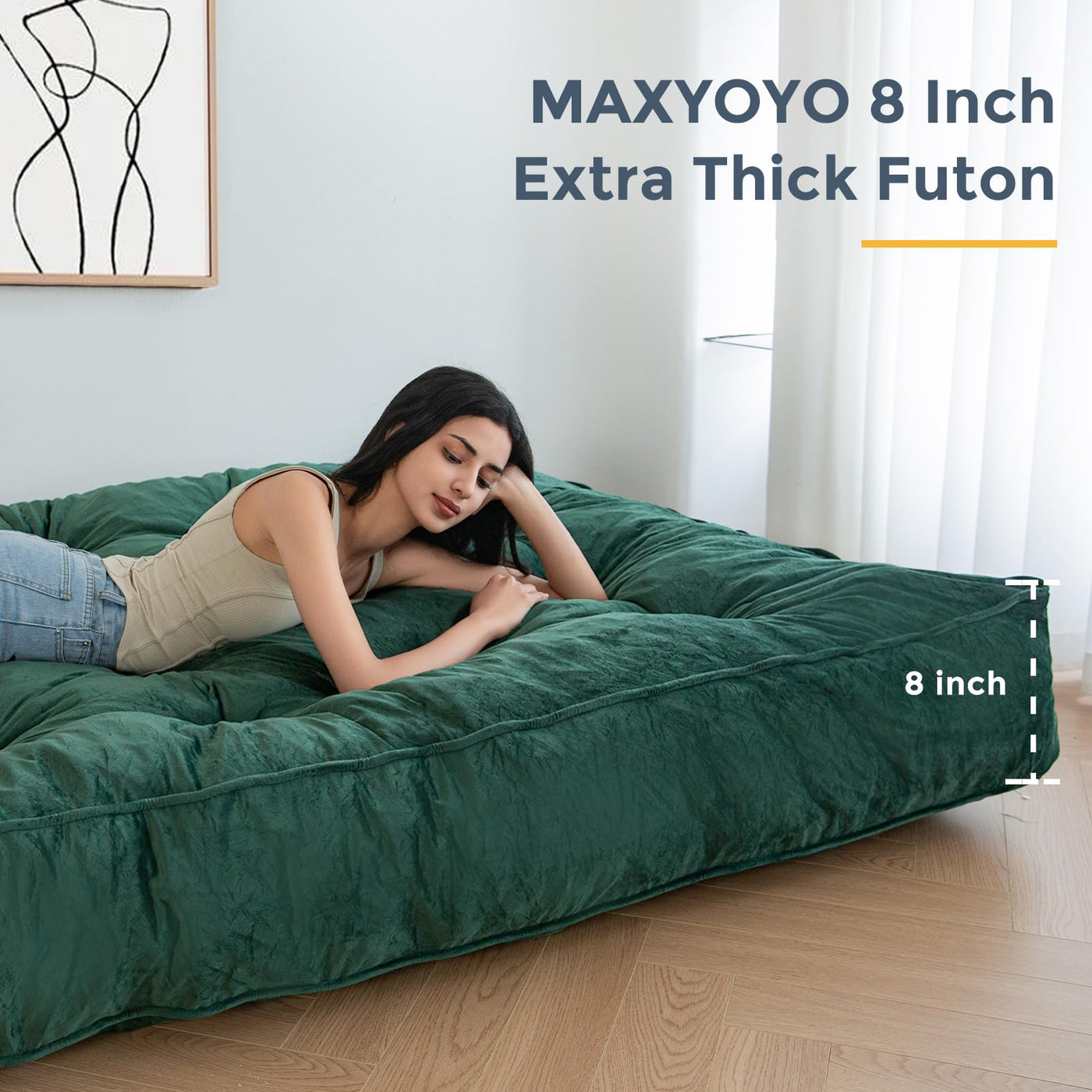 MAXYOYO 8" Thick Futons Sofa Couch Bed, Velvet Tufting Futon Mattress for Adults (Mattress Only), Green