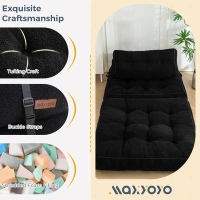 MAXYOYO Fuzzy Folding Sofa Bed, Convertible Sleeper Chair with Pillow Foldable Mattress with Back Support, Black