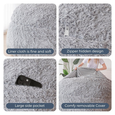 MAXYOYO Giant Bean Bag, Faux Fur Convertible Beanbag Folds from Lazy Chair to Floor Mattress Bed,Grey