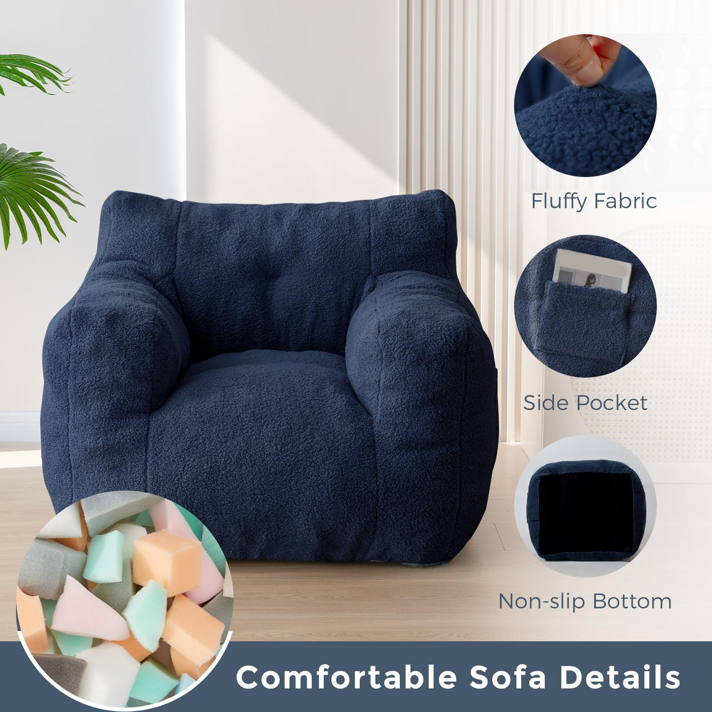 MAXYOYO Sherpa Bean Bag Chair, Boucle Tufted Bean Bag Couch, Living Room Bean Bag Lazy Sofa for Adults Kids, Navy