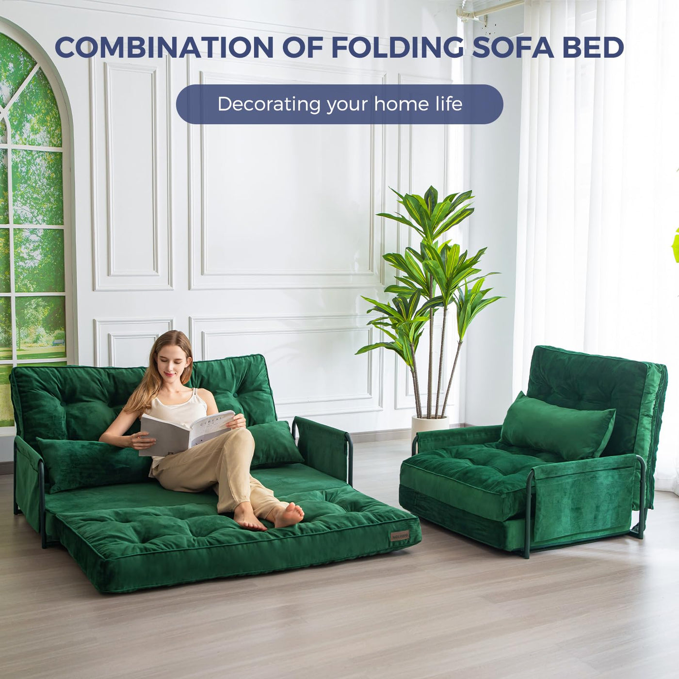 MAXYOYO Adjustable Floor Sofa Couch, Velvet Convertible Lazy Sofa Sleeper Bed with Pillows and Armrest, Double, Green