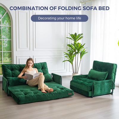 MAXYOYO Adjustable Floor Sofa Couch, Velvet Convertible Lazy Sofa Sleeper Bed with Pillows and Armrest, Double, Green