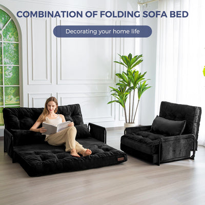 MAXYOYO Adjustable Floor Sofa Couch, Velvet Convertible Lazy Sofa Sleeper Bed with Pillows and Armrest, Double, Black