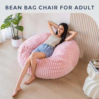 MAXYOYO Bean Bag Chair for Adults, 3ft Striped Faux Fur Lazy Sofa for Living Room Bedroom, Pink
