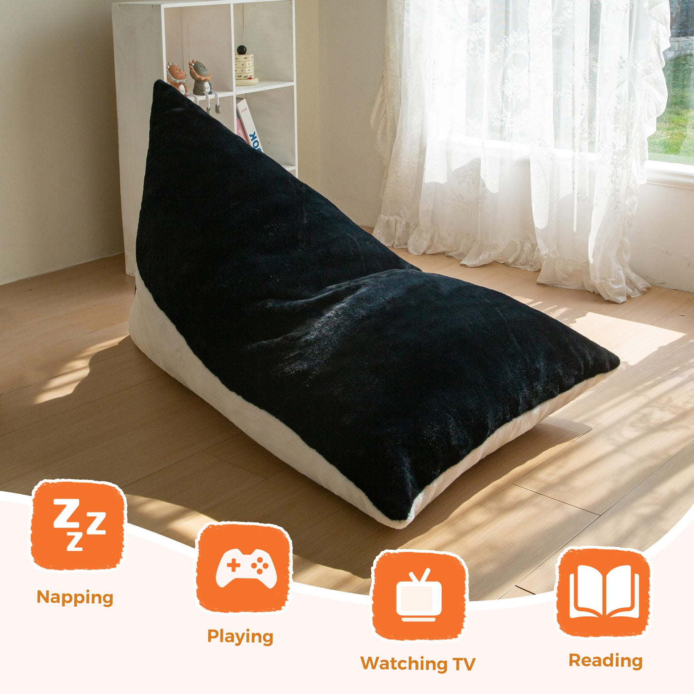MAXYOYO Kids Bean Bag Chair - 2-Tone Handle Design, High-Density Foam Floor Lounger, Black & White