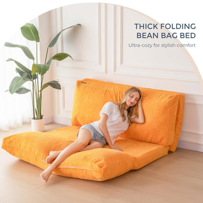 MAXYOYO Bean Bag Folding Sofa Bed with Corduroy Washable Cover, Extra Thick and Long Floor Sofa for Adults, Orange