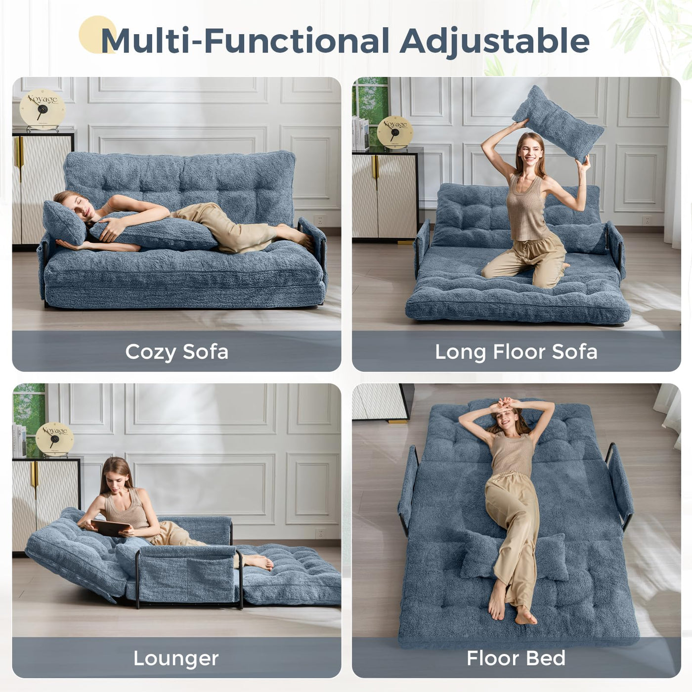 MAXYOYO Adjustable Floor Sofa Couch with 2 Pillows, Boucle Convertible Lazy Sofa Sleeper Bed with Armrest, Double, Dusty Blue