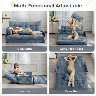 MAXYOYO Adjustable Floor Sofa Couch with 2 Pillows, Boucle Convertible Lazy Sofa Sleeper Bed with Armrest, Double, Dusty Blue