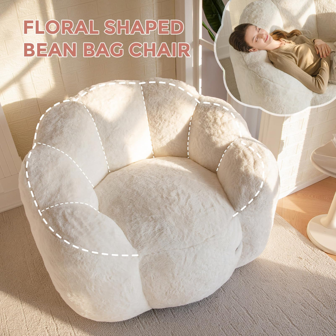 MAXYOYO Bean Bag Chair, Floral Shape Ultra Soft Faux Fur Petal Back Sofa for Adults, Single Size (Beige)
