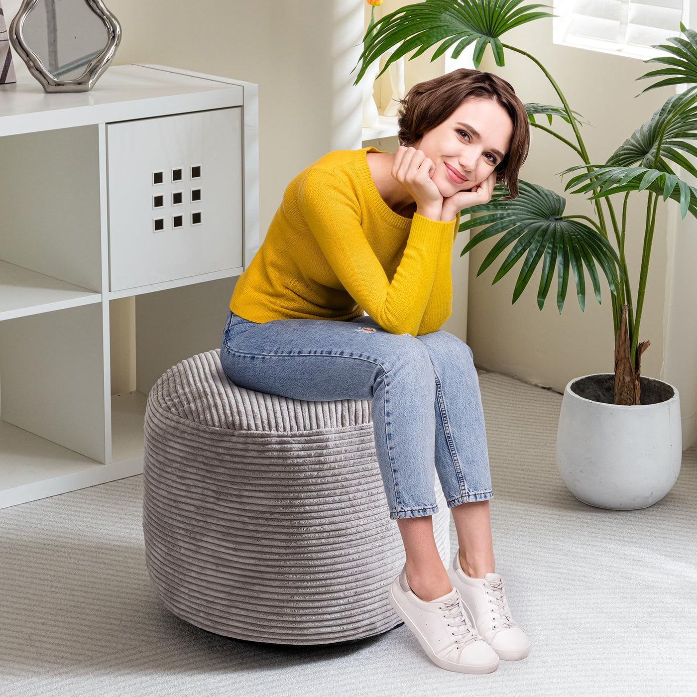 MAXYOYO Round Stuffed Pouf Ottoman, Corduroy Poufs with Foam Chunk Filling, 20 X 15In, Grey