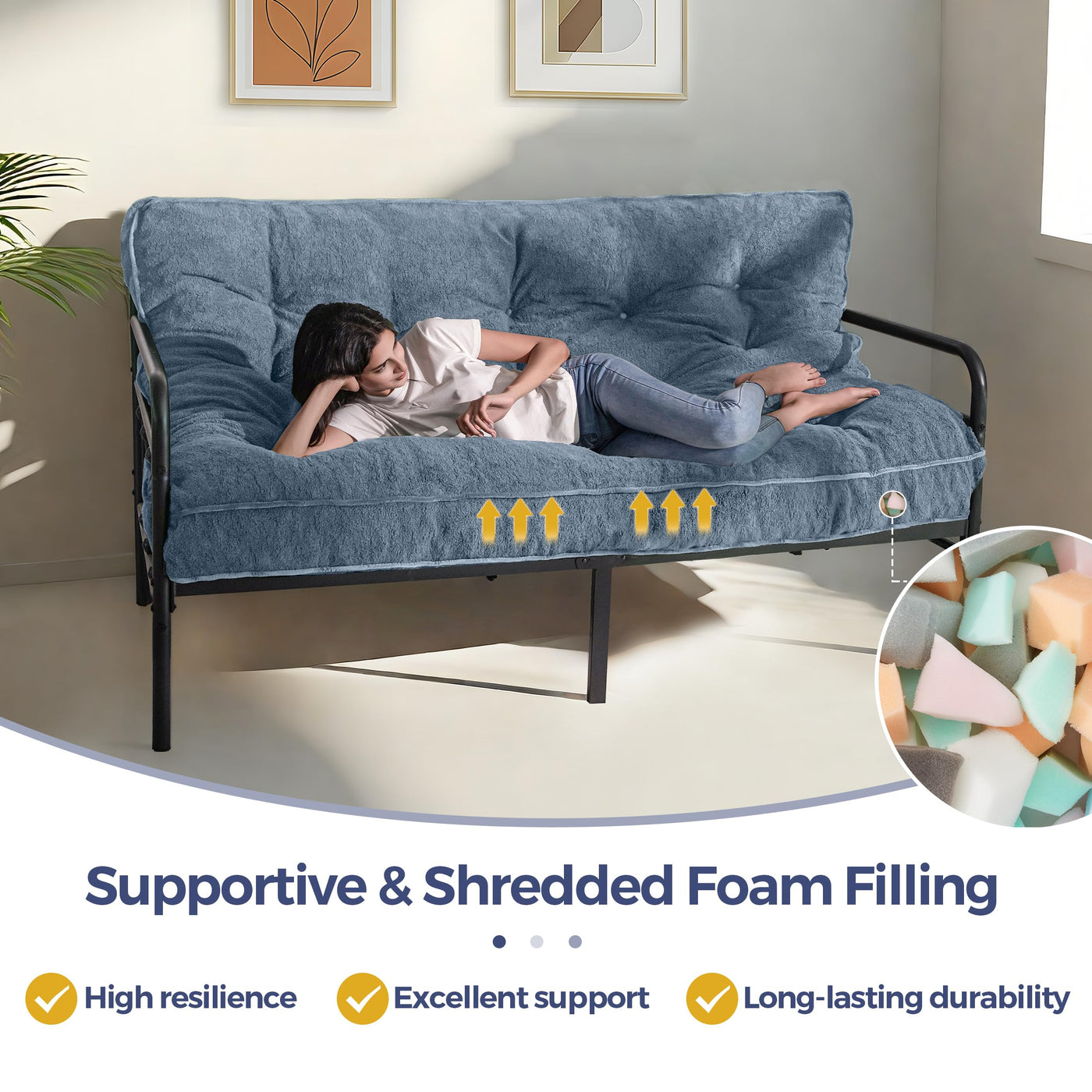 MAXYOYO 6" Futon Mattress Full Size, Thick Boucle Futons Sofa Couch Bed Sleeper Sofa Bed Floor Mattress for Adults, Shredded Foam Filling (Frame Not Included), Dusty Blue
