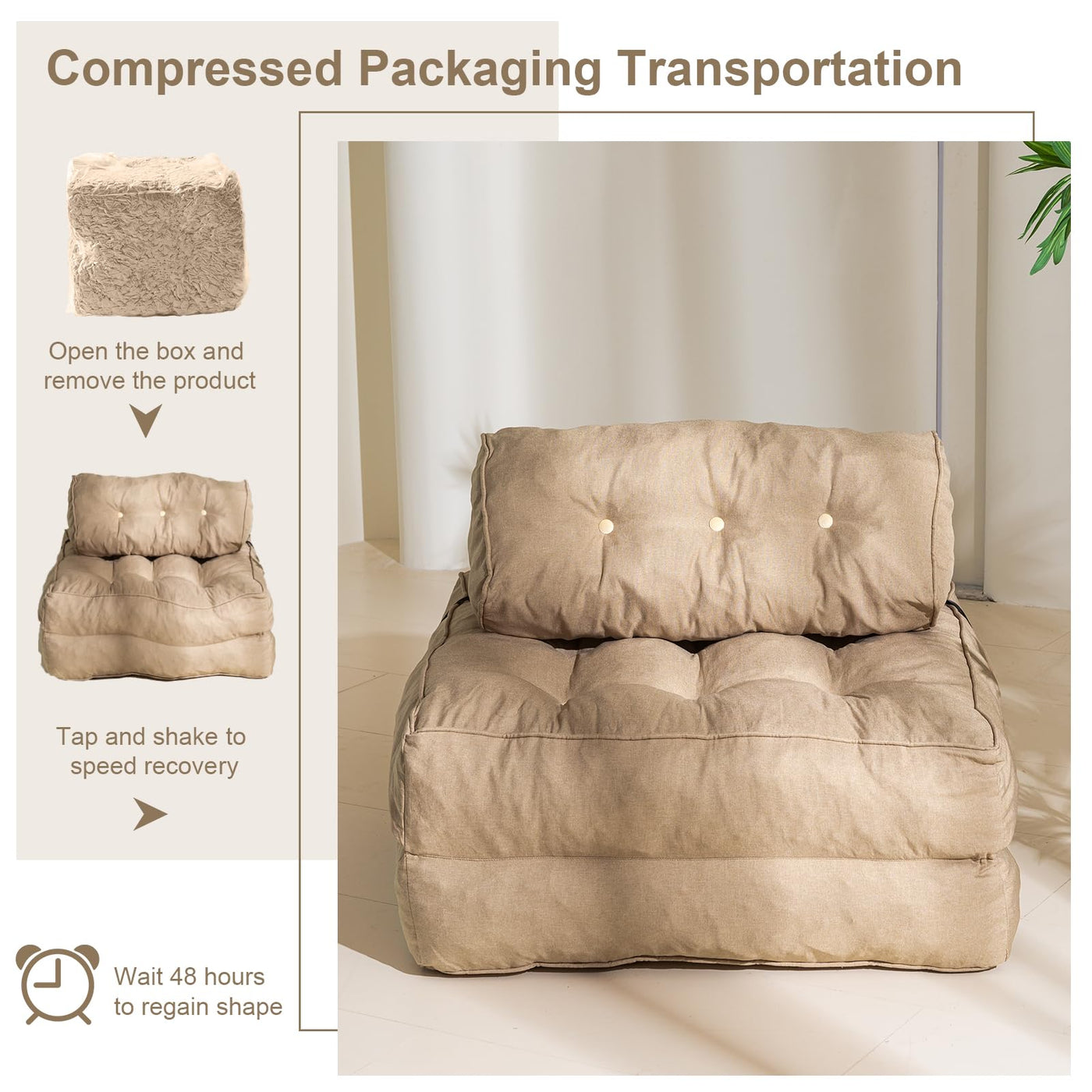 MAXYOYO Folding Couch Sofa Bed, Convertible Sleeper Chairs with Back Support and Pillow, Beige