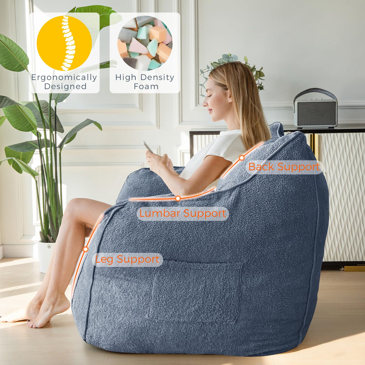 MAXYOYO Giant Bean Bag Chair for Adults, Large Fluffy Bean Bag Couch for Living Room with Decorative Edges, Dusty Blue