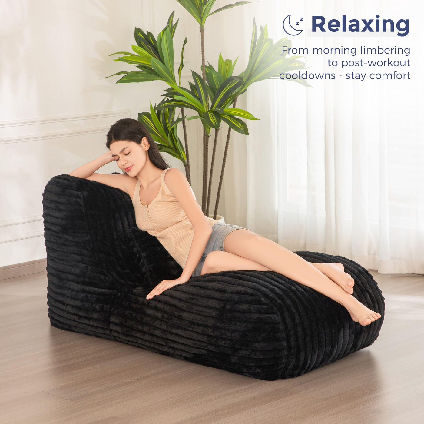 MAXYOYO Chaise Lounge with Pillow, Ergonomic Chaise Lounge Chair Indoor, Soft Fabric Velvet Floor Sofa, Fainting Couch for Bedroom Living Room, Black