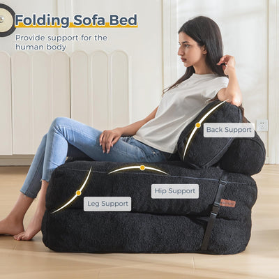 MAXYOYO Fuzzy Folding Sofa Bed, Convertible Sleeper Chair with Pillow Foldable Mattress with Back Support, Black
