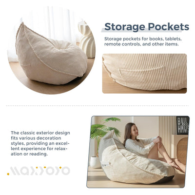 MAXYOYO Corduroy Bean Bag Chairs for Adult, Bean Bag Couch with Filler, Soft Lazy Sofa 43"x41"x35", Beige