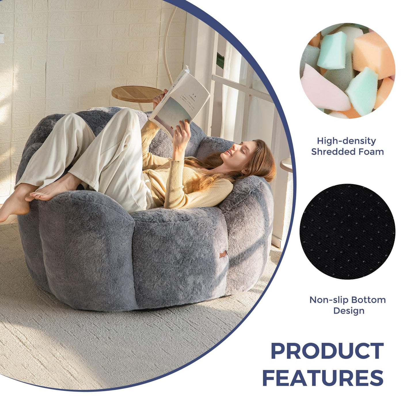 MAXYOYO Bean Bag Chair, Floral Shape Ultra Soft Faux Fur Petal Back Sofa for Adults, Single Size (Dark Grey)
