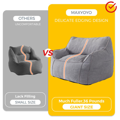 MAXYOYO Giant Bean Bag Chair for Adults, Large Fluffy Bean Bag Couch for Living Room with Decorative Edges, Grey