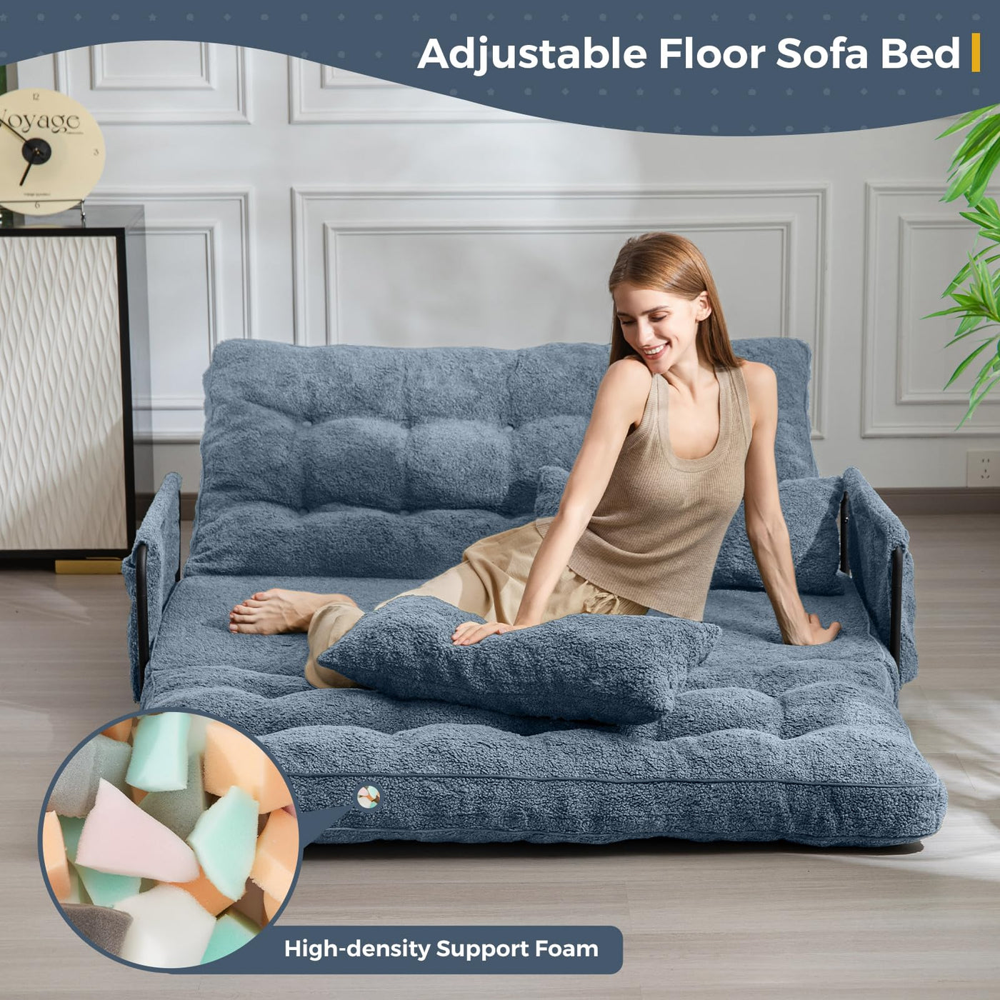 MAXYOYO Adjustable Floor Sofa Couch with 2 Pillows, Boucle Convertible Lazy Sofa Sleeper Bed with Armrest, Double, Dusty Blue
