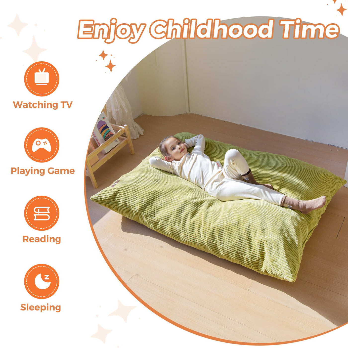 MAXYOYO 3-in-1 Kids Convertible Bean Bag Chair & Bed, Child Floor Sofa for Gaming, Reading, Green