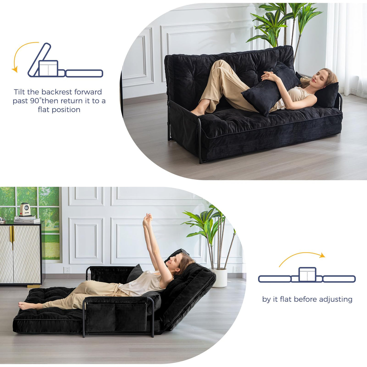 MAXYOYO Adjustable Floor Sofa Couch, Velvet Convertible Lazy Sofa Sleeper Bed with Pillows and Armrest, Double, Black