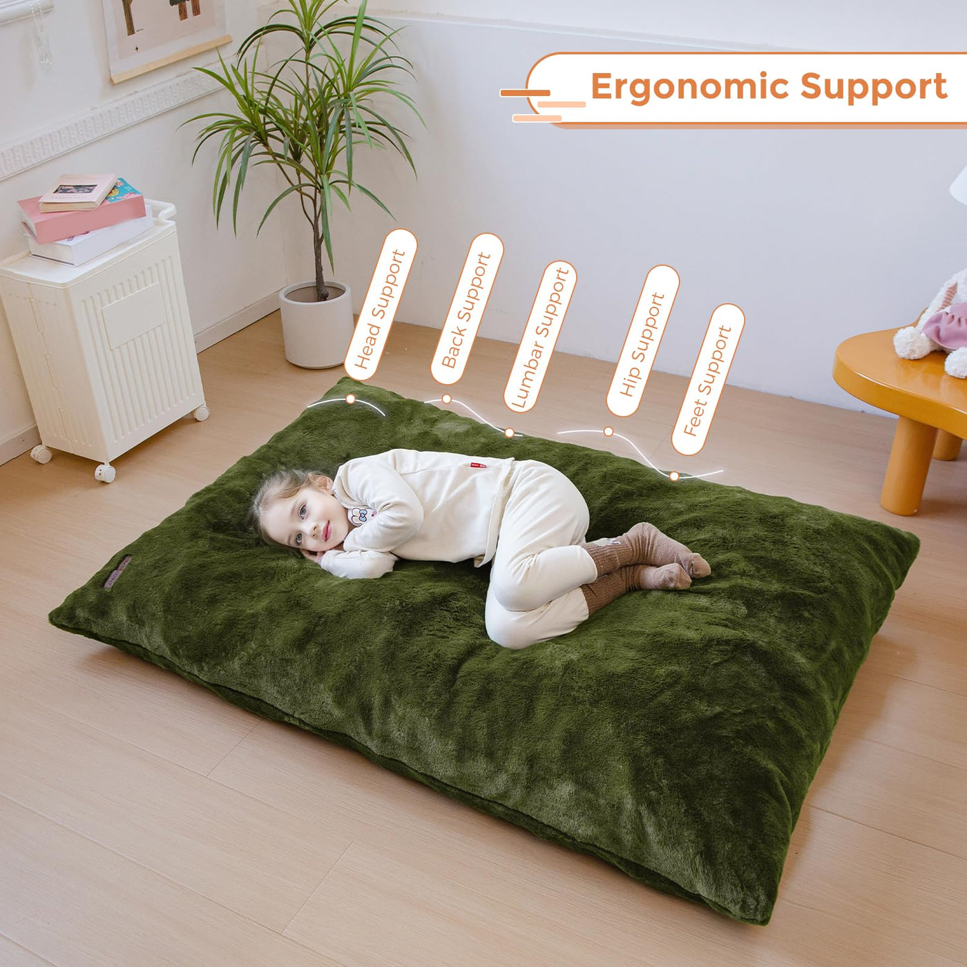 MAXYOYO 3 in 1 Kids Bean Bag Chair Bed, Faux Fur Child Floor Sofa for Gaming, Reading (Green)