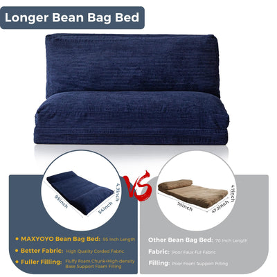 MAXYOYO Bean Bag Folding Sofa Bed with Corduroy Washable Cover, Extra Thick and Long Floor Sofa for Adults, Navy