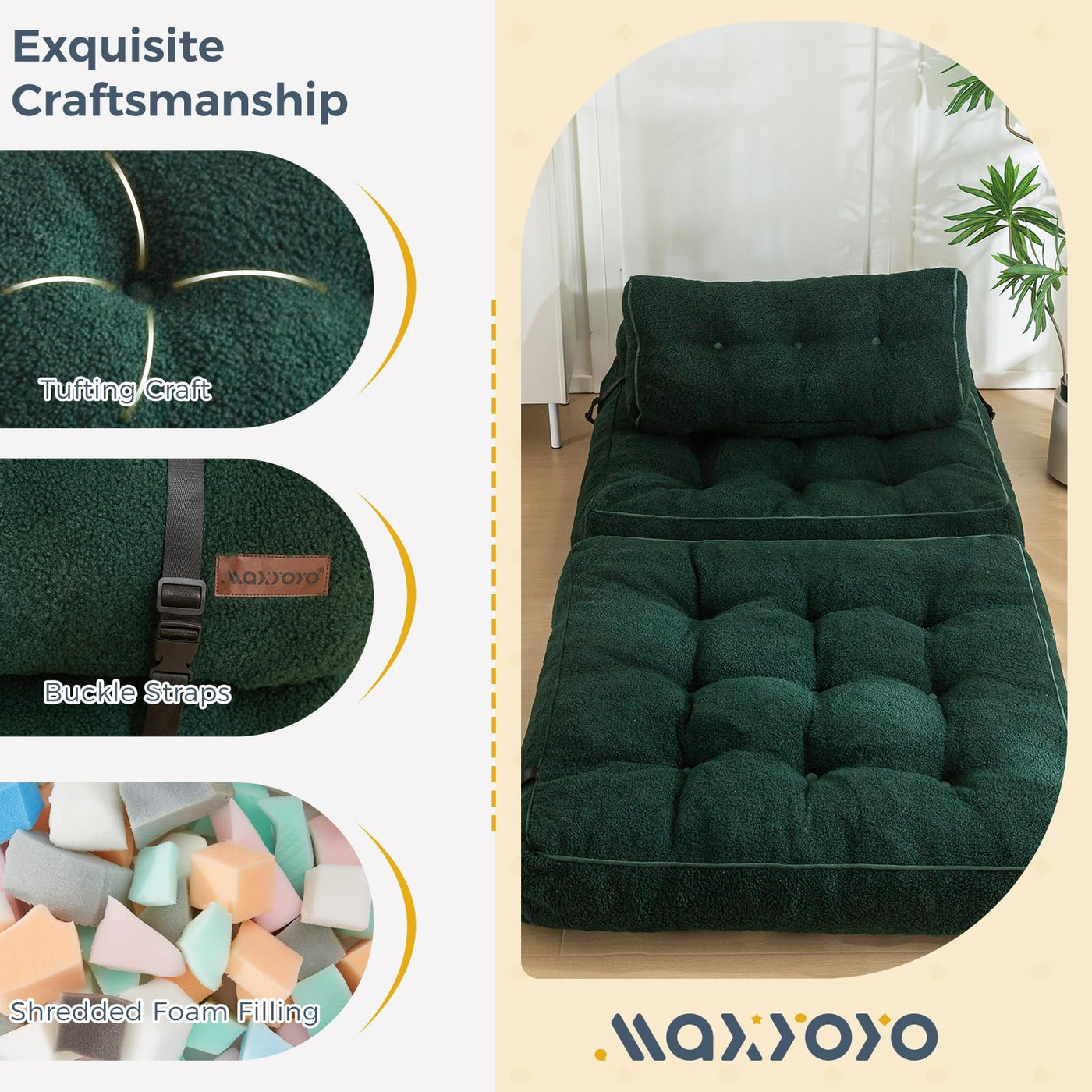 MAXYOYO Fuzzy Folding Sofa Bed, Convertible Sleeper Chair with Pillow Foldable Mattress with Back Support, Green