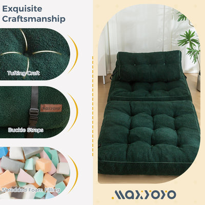 MAXYOYO Fuzzy Folding Sofa Bed, Convertible Sleeper Chair with Pillow Foldable Mattress with Back Support, Green