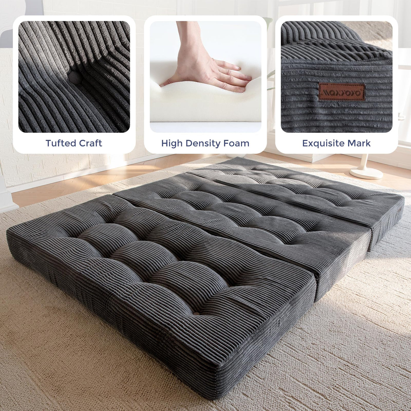 MAXYOYO Tri-Fold Mattress, 6 Inch Tufted Folding Mattress Full Foam Bed with Corded Fabric, Dark Grey