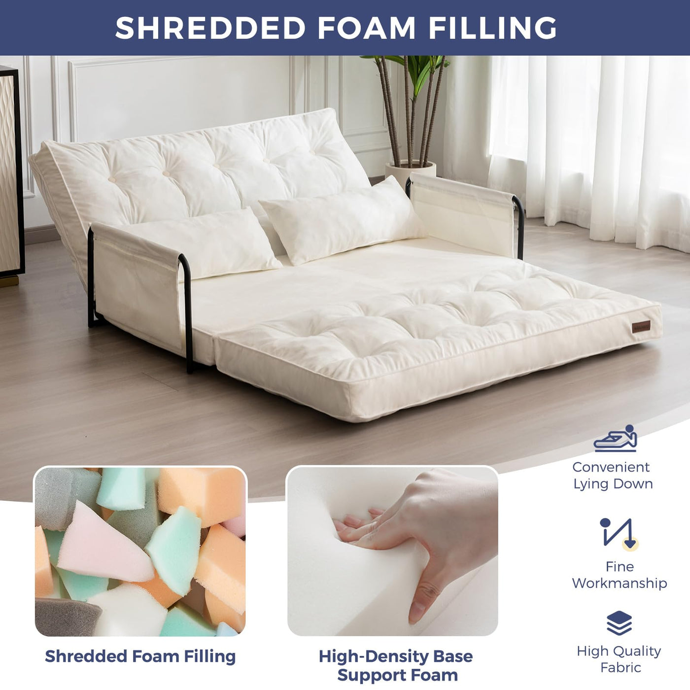 MAXYOYO Adjustable Floor Sofa Couch, Velvet Convertible Lazy Sofa Sleeper Bed with Pillows and Armrest, Double, Beige