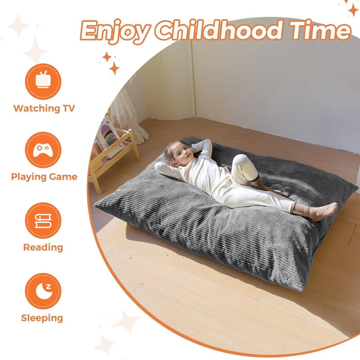 MAXYOYO 3-in-1 Kids Convertible Bean Bag Chair & Bed, Child Floor Sofa for Gaming, Reading, Dark Grey