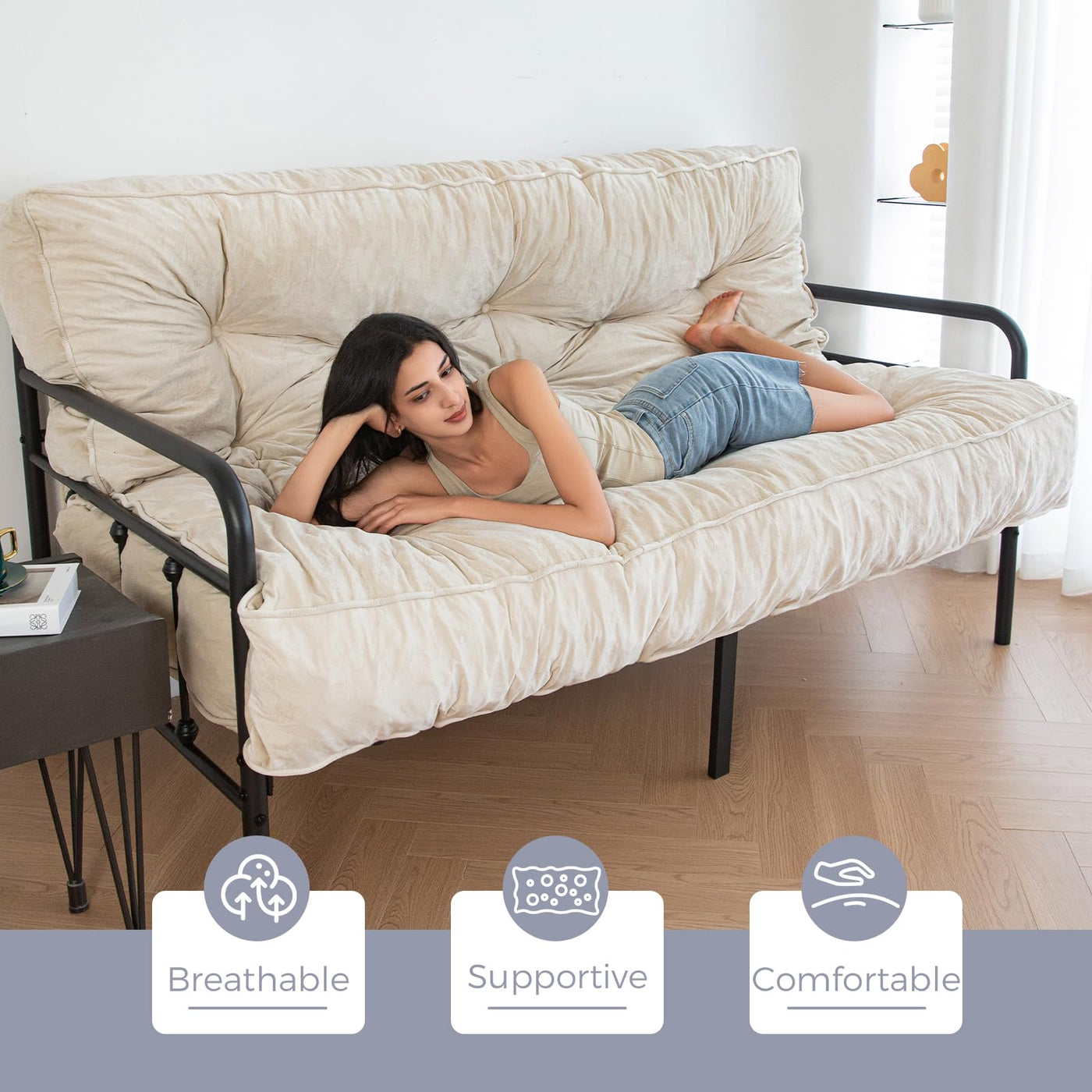MAXYOYO 8" Thick Futons Sofa Couch Bed, Velvet Tufting Futon Mattress for Adults (Mattress Only), Beige