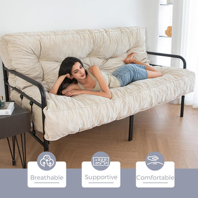 MAXYOYO 8" Thick Futons Sofa Couch Bed, Velvet Tufting Futon Mattress for Adults (Mattress Only), Beige
