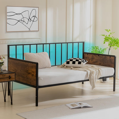 MAXYOYO Daybed with Charging Station and LED Lights, Farmhouse Metal Day Bed Frame for Living Room