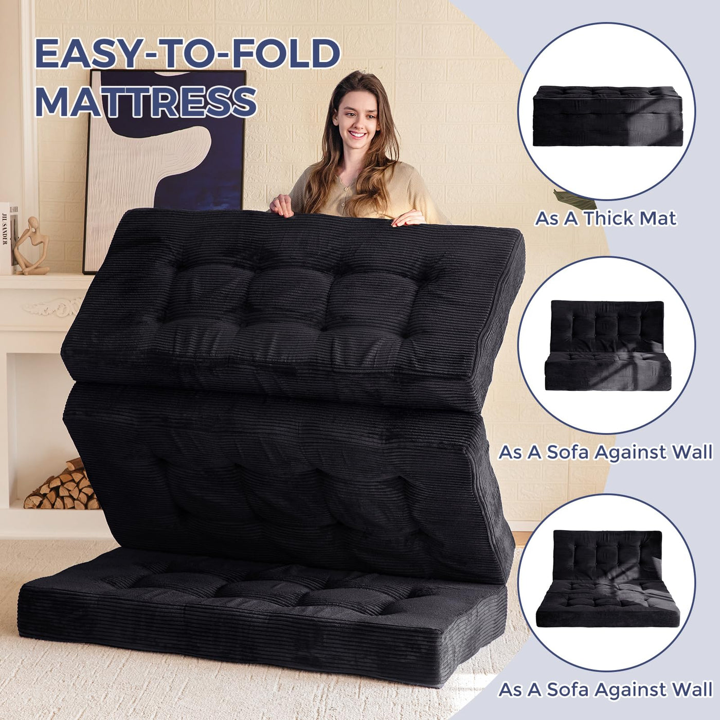 MAXYOYO Tri-Fold Mattress, 6 Inch Tufted Folding Mattress Full Foam Bed with Corded Fabric, Black