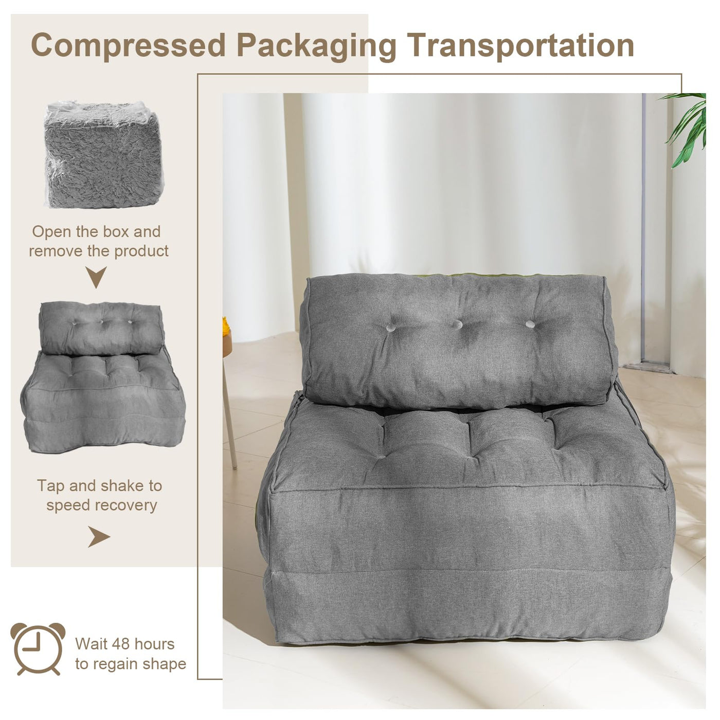 MAXYOYO Folding Couch Sofa Bed, Convertible Sleeper Chairs with Back Support and Pillow, Grey