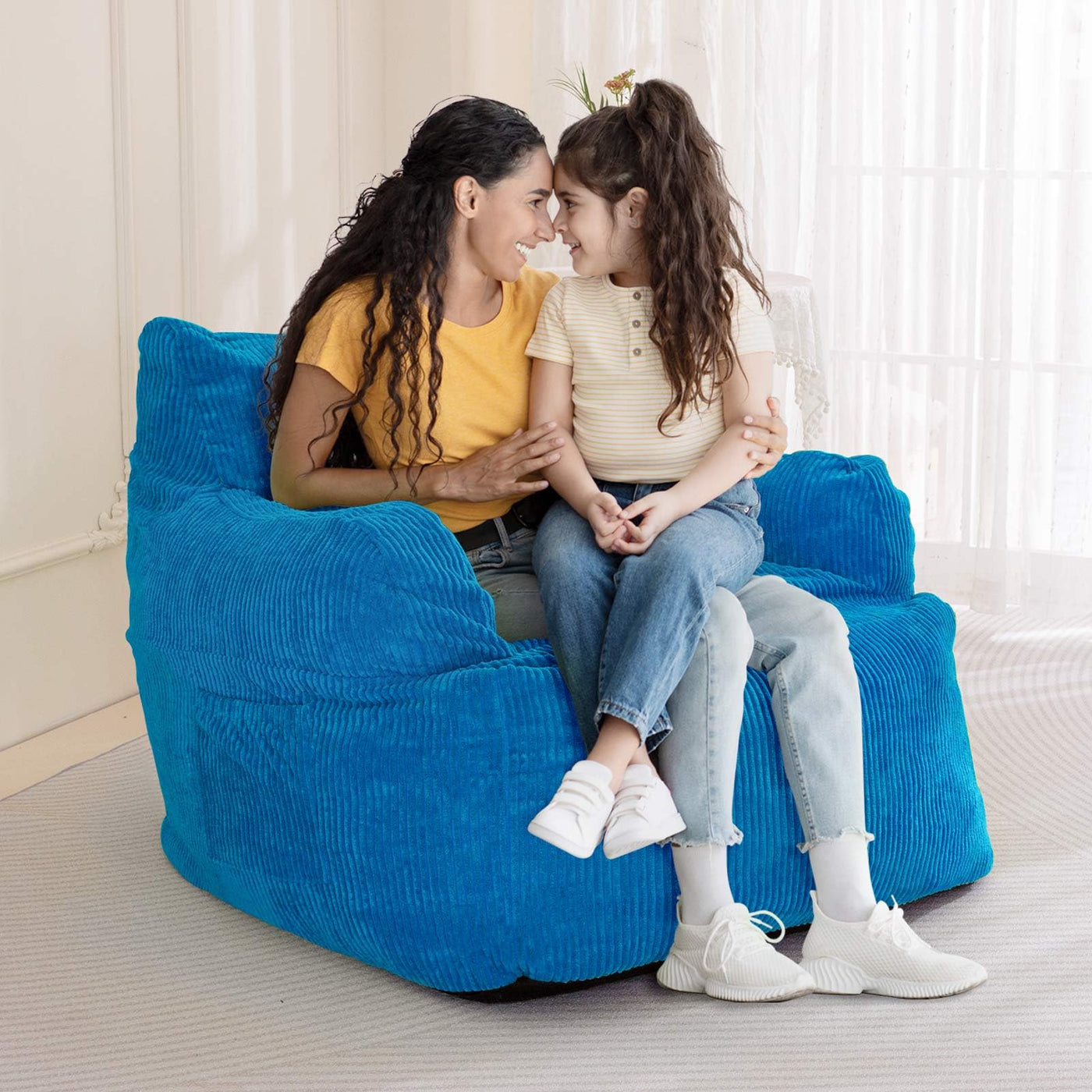 MAXYOYO Giant Bean Bag Chair, Stuffed Bean Bag Couch with Armrests for Living Room, Blue