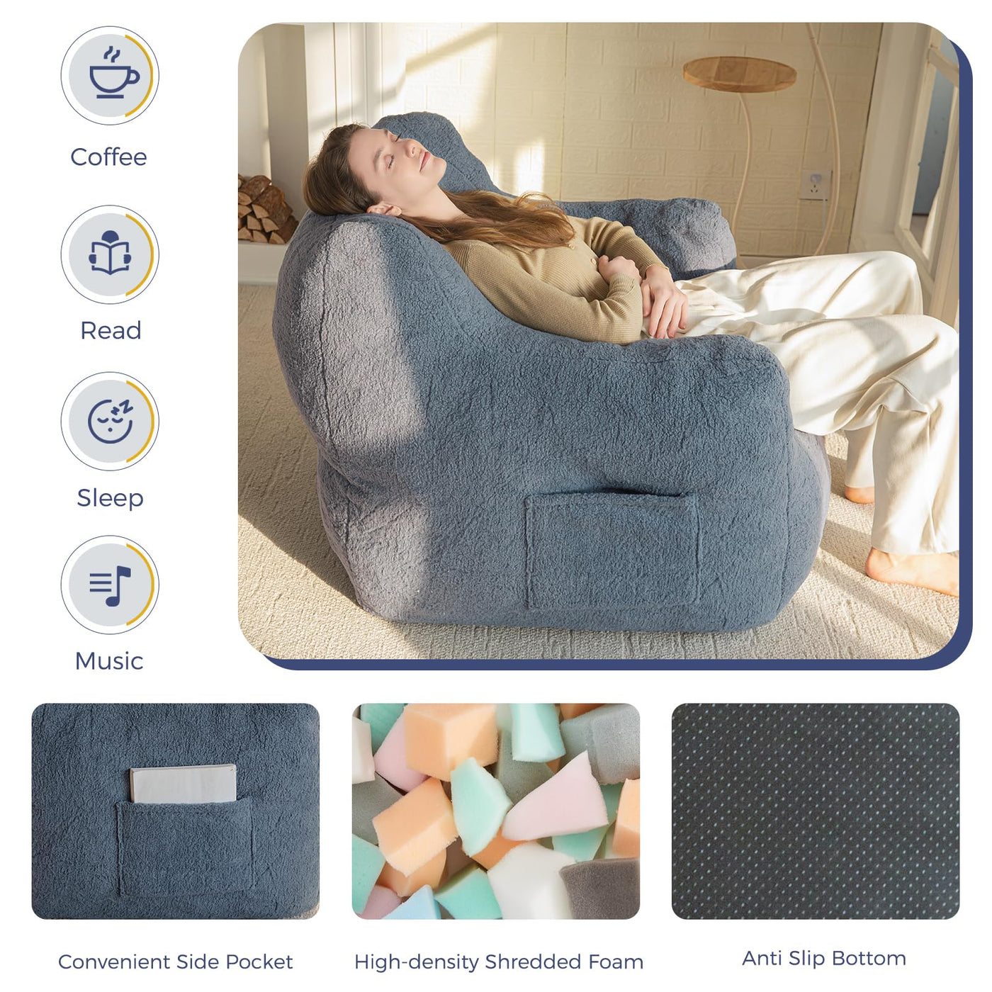 MAXYOYO Bean Bag Chair, Tufted Bean Bag Chair with Boucle Fabric, Comfy Lazy Sofa with Filler for Adults Teens, Dusty Blue