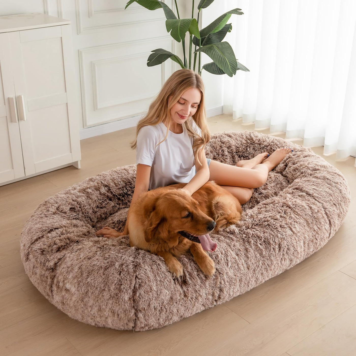 MAXYOYO Human Dog Bed, Long Faux Fur Giant Bean Bag Bed for Humans and Pets, Faux Fur Coffee